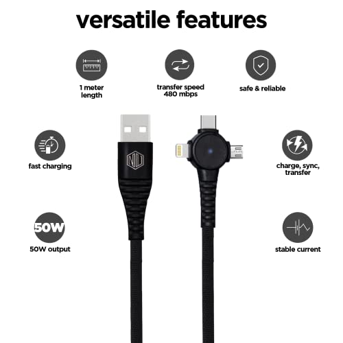 Image of Nu Republic Blaze Trinity 2.0 3-in-one USB Type C Cable 1 m USB-A to Type-C + MicroUSB + Type-L Fast Charge Cable (Compatible with Mobile, Tablet, Laptop, Black, One Cable)