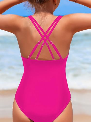 Image of OYOANGLE Girl's Basic One Piece Swimsuit Criss Cross Spaghetti Strap Sports Training Bathing Suit