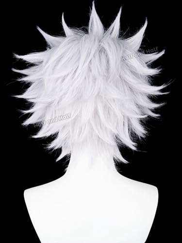Image of Half and Half Short White Anime Cosplay Wig for Men Silver White Hunter-Killer Male Wigs with Bangs Light Purple White Spiky Layered Wig for Hallloween Party Costumes Women