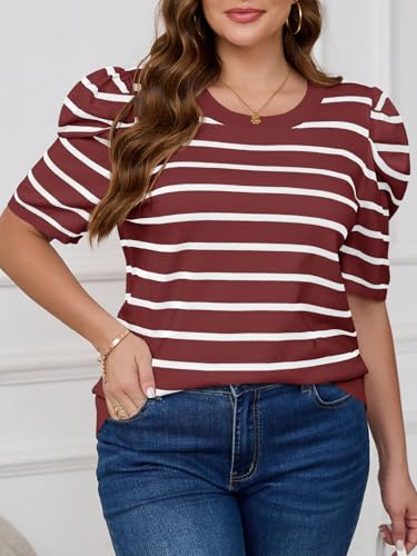 Image of Beautife Womens Plus Size Short Puff Sleeve Sweater Tops Lightweight Striped T Shirts Summer Casual Crew Neck Knit Pullover Wine Red