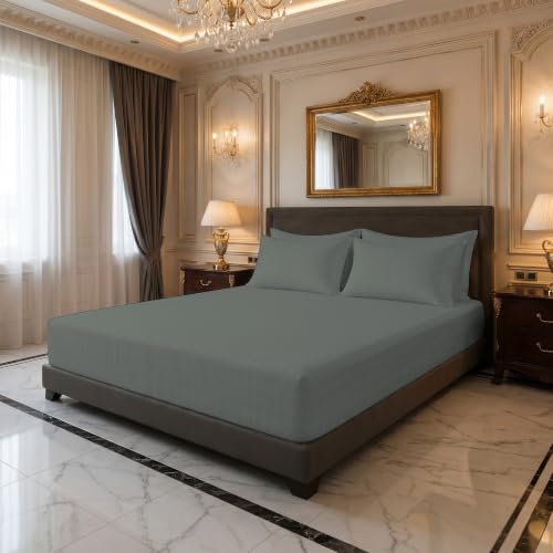 Image of LINENWALAS 300 TC Organic Bamboo Jacquard Check Fitted Bedsheet for King Bed, Silky Soft Sateen Weave with Fully Elastic Deep Pocket | Breathable, Cooling & Hypoallergenic (Charcoal Grey, 72 inchx78 inch)