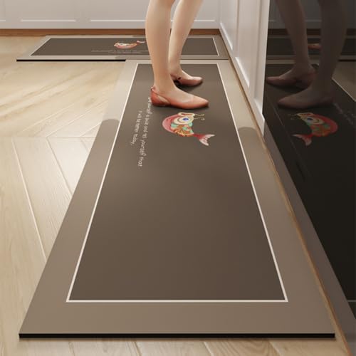 Hixingo Alfombra de Cocina Moderno Tapete de Cocina Diatomáceas, Lavables Absorbebles Alfombra, Antideslizantes Piso Alfombrilla para Salón Puerta (Pez Café,60x90cm)