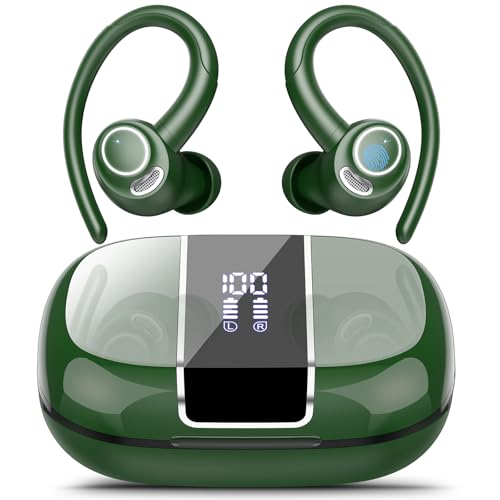 Image of Wireless Earbuds Bluetooth 5.3 Headphones Sports, 48H Earphone with ENC Mic, Stereo Deep Bass Bluetooth Earbuds with Secure Earhooks, LED Display, IPX7 Waterproof Over Ear Buds for Running /Gym Green