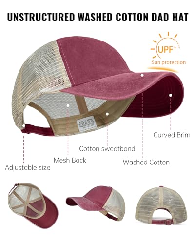 Image of Croogo Men's Adjustable Mesh Back Cap Curved Bill Snapback Mesh Baseball Cap Retro Washed Trucker Cap Breathable Sun Hat