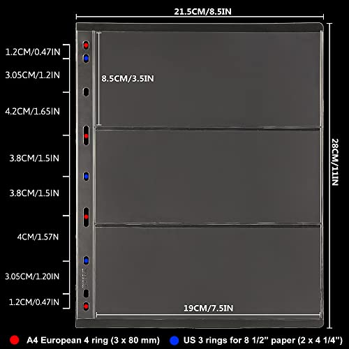 Currency Sleeves For Collectors 12 Sheets Acid-Free Pvc Paper Money Currency Pocket Pages Coin Collection Supplies - 36 Pockets 9-Hole Stamp Page Holders For 9-Hole Binder (3 Pocket/Sheet）In0101 #TOP1
