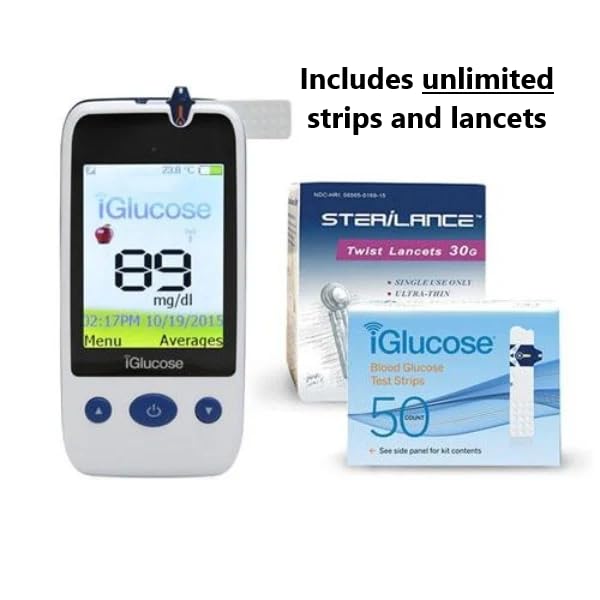 iGlucose Connected Glucose Monitor INCLUDES UNLIMITED STRIPS and LANCETS Cell-enabled and immediately transmits results without the need for pairing, synching, or Wi-Fi and send alerts (SMS, Push, Email) to a Caregiver or the User.