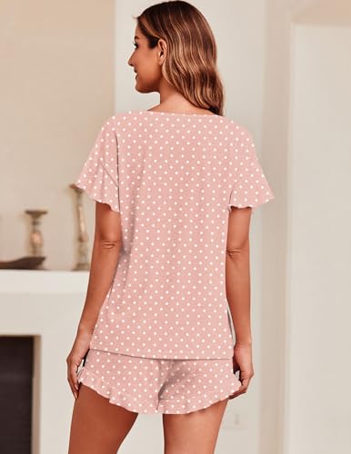Image of Ekouaer Women's Pajama Set Ruffle Sleeves Top and Short | 2 Piece Ruffle Hem Sleeves Top and Shorts Pjs Set, Soft Short Sleepwear Set, Elastic Waistband Design