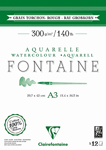 Clairefontaine 975952C, Fontaine 2-Sided Glued Pad, 12 Sheets 100% Cotton White Watercolour Paper, Torchon Grain
