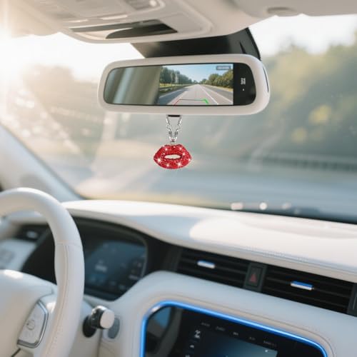 FALVFUN Bling Lip Car Hanging Accessories, Crystal Rhinestone Vehicle Rear View Mirror Ornament Charm, Lucky Diamond Automotive Interior Hanging Pendant, Universal Fit (Red) - Thumbnail 5