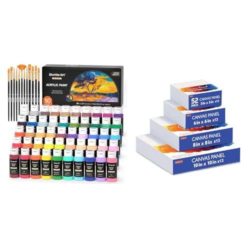 Shuttle Art Canvas Panels and Acrylic Paint Bundle, Art Painting Supplies Set for 50 Colors Acrylic Paint Bottles (60ml/2oz) & 52 Pack Painting Canvas (5x5”, 6x6”, 8x8”, 10x10”)
