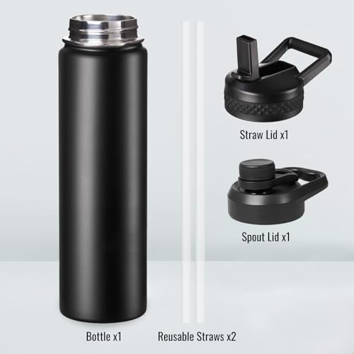 Image of Fijinhom 24 oz Insulated Water Bottle with Handle, 304 Stainless Steel Water Bottles with 2 Lids, Double Wall Vacuum Sports Water Cup with Straw, BPA Free, Keep Cold and Hot, Black