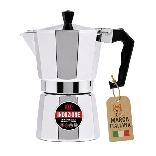 AKITAInk Caffettiera Moka Induzione 3 o 6 Tazze, Macchina per Caffè Tradizionale Compatibile con Piani a Induzione, Gas, Elettrico e Vetroceramica, Compatta e Pratica per Uso Quotidiano