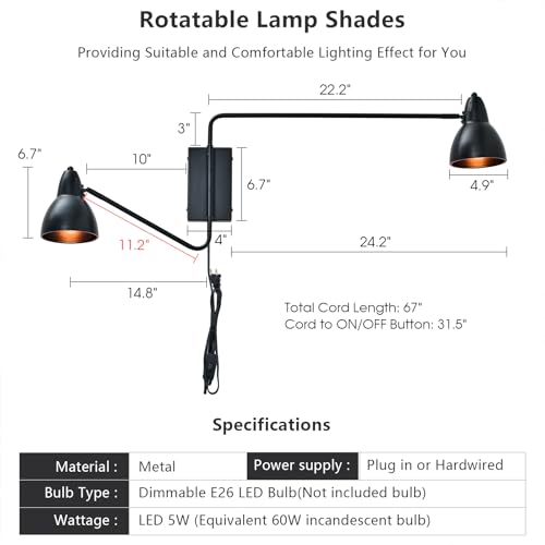 Image of Modern Black 2-Light Plug in Swing Arm Wall Sconce, 1 Pack