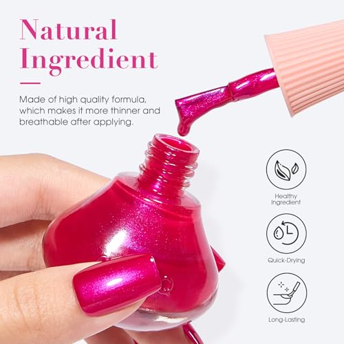 COSMOO Hot Pink Nail Polish, 12ml Quick Dry Nail Lacquer, Super Lustrous Nail Enamel Polish, Shimmer Iridescent Ultrachrome Nail Art Varnish, 0.41 fl oz