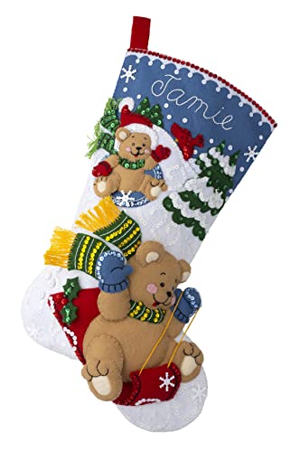 Bucilla Felt Applique 18" Stocking Making Kit, Sledding Bears, Perfect for DIY Arts and Crafts, 89555E