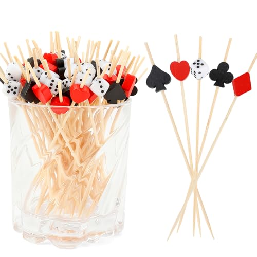 200pcs Casino Cocktail Picks Casino Theme Party Decorations 4.7inch Casino Dice Poker Toothpicks For Appetizers Fruit Cocktail Picks For Drinks Bamboo Toothpicks For Las Vegas Night Party Supplies