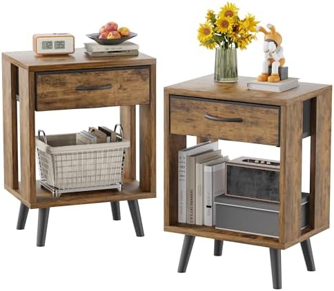 Nightstands Set of 2 with Fabric Storage Drawer and Open Wood She...