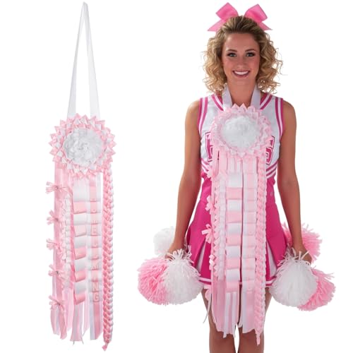 34.6-inch Homecoming Mum Braid Ribbon Decoration with Bows for Homecoming Weekend Dance Football Game Celebrations Party Cheerleading Decor Pink & White