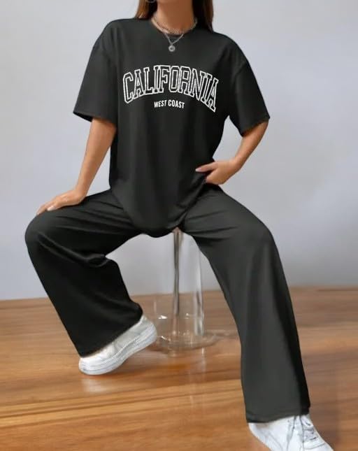 Image of My Swag Women Casual T-Shirt & Trouser Co-Ords Set Half Sleeve Loose-Fit Summer Cord Set 2 Piece Black Outfit Pajama Set for Women & Girls