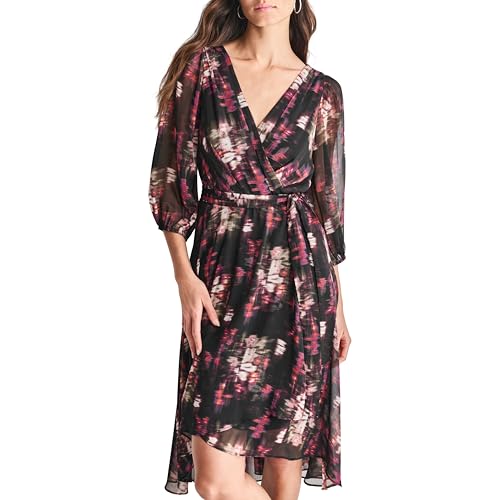 Image of DKNY Women's Chiffon Balloon Sleeve Faux Wrap Midi Dress with High-Low Hem