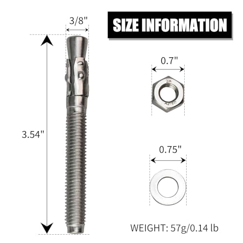 Image of 35kN UIAA Certified Heavy Duty Stainless Steel Climbing Bolt Hangers & Expansion Bolts Set, M10, Silver, 5pc