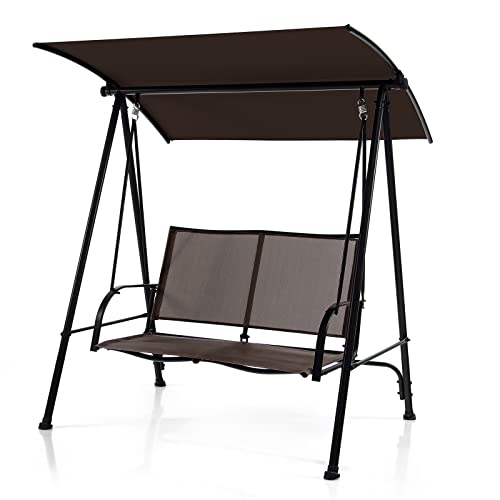 Image of Tangkula 2 Person Porch Swing, Patio Swing with Adjustable Canopy, Comfortable Fabric Seat & Heavy-Duty Steel Frame, Outdoor Canopy Swing for Patio, Garden, Poolside (Dark Brown)