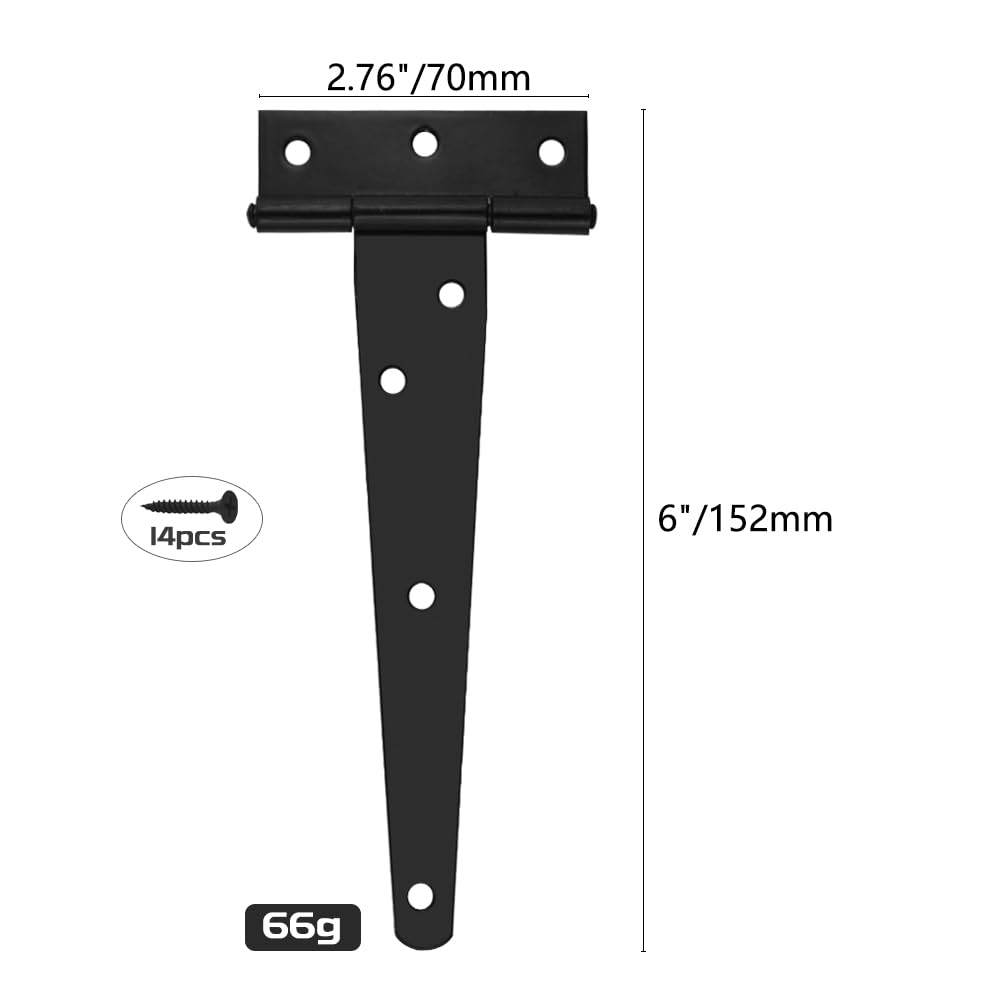 6PCS 6 Inch T-Shape Heavy Duty Barn Door Hinges - Black Outdoor Gate Hinges For Sheds & Fences