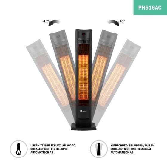 VONROC Chauffage Extérieur Terrasse Sur Pied 2000W Filicudi - Lampe Infrarouge Chauffante 107 cm avec Télécommande - 2 Niveaux de Chaleur - Élément En Carbone - Temps Chauffe 3 Sec