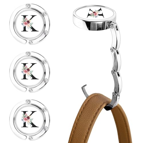 XSUIOY 3Pcs Personalized Initial Foldable Purse Hook for Table,Crushed Flower Letters Folding Purse Hanger,Purse Holder Handbag Hanger Collection Desk Table Bag Hooks Gifts for Women Bag(Black-K)