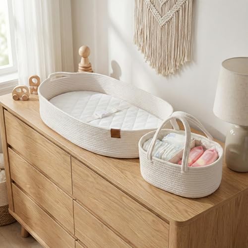 Image of Baby Changing Basket for Baby Dresser, Moses Basket for Babies, Cotton Rope Diaper Changing Basket, Unisex Baby Moses Basket, Foam Diaper Changing Pad for Dresser, Changing Table Topper for Dresser