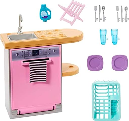 Barbie Paquete de muebles y accesorios, decoraci n de casa de mu ecas Barbie, tema de lavavajillas, tareas de cocina y limpieza, juguetes para ni os y regalos | Ya disponible en tu tienda friki favorita! En mundofriki.es!