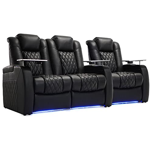 Image of Weilianda Home Theater Seating, Top Grain Leather Movie Theater Chair | Black Row of 3 Loveseat Left, Zero Gravity, Power Headrest, Tray Table, Electric Reclining Seat for Media Room