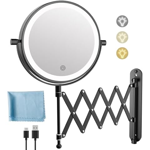 Rechargeable Wall Mounted Makeup Mirror - 8 Inch Double Sided 1X/10X Magnifying Mirror with 3 Color Lights Dimmable Touch Screen, 360°Swivel 19.6 Inch Extendable Accordion Bathroom Mirror - Black Cover