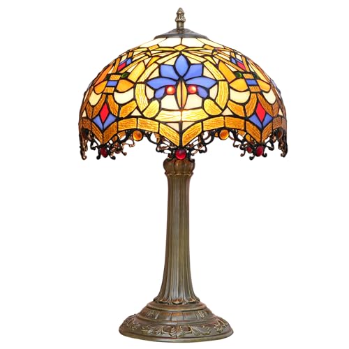 Blivuself Tiffany Style Table Lamp, Stained Glass, Multicolor, 12x12x18 Inch, Antique Brass Finish, Includes LED Bulb