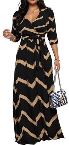 Image of CaniBtr Maxi Dresses for Women Plus Size 3 /4 Sleeve Long Dress with Belt | Versatile plus-size maxi dress,wrap v-neck + waist tie craft soft glamorous looks easily for everyday casual outings