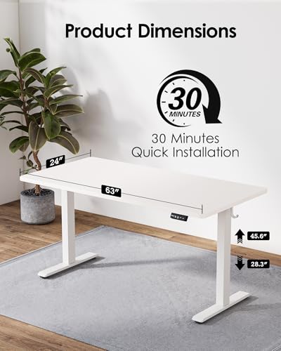 TIQLAB Standing Desk 63 x 24 inch, Electric Height Adjustable with Splice Board, Sit Stand Desk, for Home Office, White