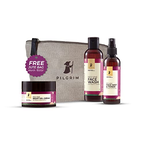 Red Vine Skin Care Kit For Night Care with Eco-friendly Jute Bag | Face Wash 100ml, Face Mist & Toner 100ml, Night Creme Gel 50g | Anti-Ageing | Glowi