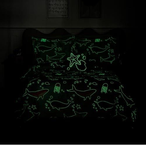 Glow in The Dark Kids Comforter Set Full Size for Girls, Ocean Animals Bedding Set 1 Comforter, 1 Decor Pillow, 2 Pillow Shams