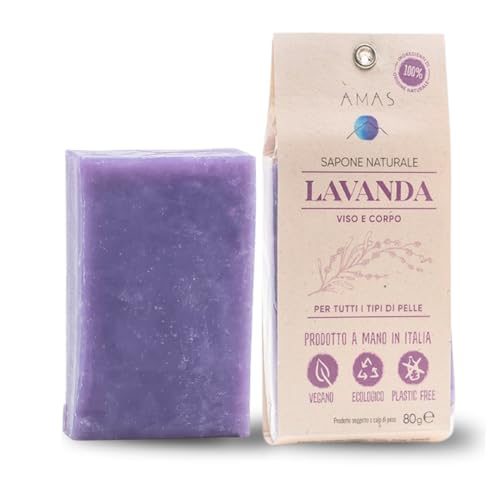 AMAS Sapone profumato LAVANDA- Nutriente, Idratante e Purificante- Mani e Viso - 100% NATURALE - Artigianale - Made in Italy - 100% Ecologico, Vegan, Plastic Free