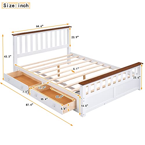 Merax Modern Farmhouse Solid Wood Platform Bed With Headboard Queen Bed Frame With 2 Drawers/Space Saving/Wood Slat Support/Queen,White+Walnut #TOP6