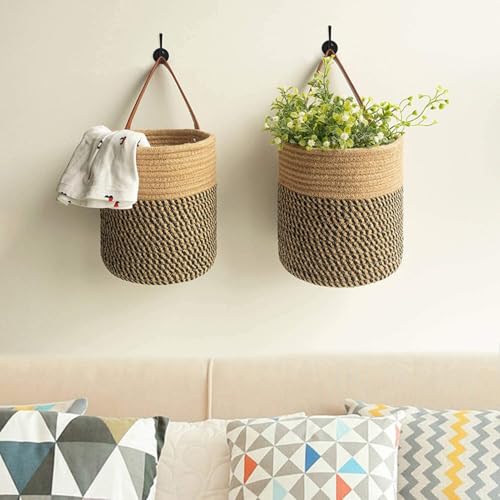 TSQZE 2er Pack Wandkörbe Zum Aufhängen, Aufbewahrungskörbe Mit Griff, Hängekorb Pflanzen Blumentopf Pflanzenkörbe, Korb Hängend Für Die Wand, Tür, Organizer Für Zimmer, Badezimmer (Jute)