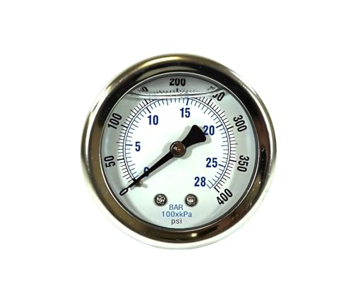 1/4" Male NPT Back Mount Liquid Filled Pressure Gauge with 2" Dial - 0-400 PSI - for Commercial or Industrial Hydraulic & Pneumatic Systems - Compressor Pressure Gauge Replacement