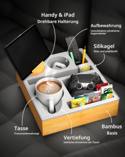 Couchbar Snackbox Silikon sofatablett mit 360 Grad Drehbar Handyhalter beistelltisch mit Holz Sofatablett für Sofa, kino Deko… – Ansicht 2