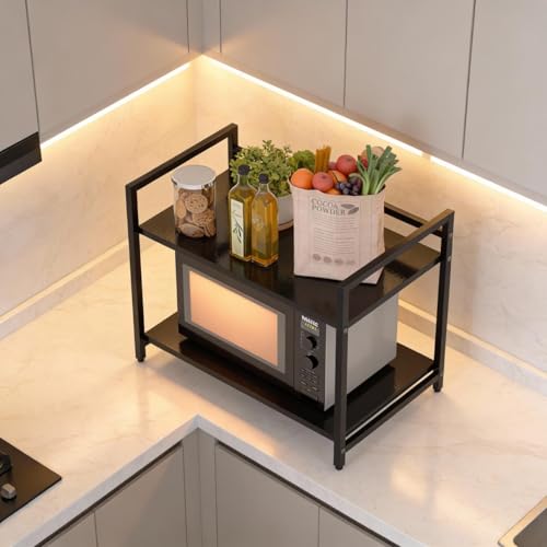 Image of wow craft Heavy Duty Metal Microwave Stand (Black) | 2-Tier Kitchen Countertop Storage Rack for Oven, Air Fryer & Pantry | Space Saving Multi-Purpose Organizer Shelf (64x40x51 cm)