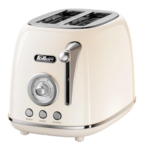Feller Germany Retro Style 2-Slice Toaster 815 W Steel Body Dust Cover & foldable Bun Warmer Defrost Reheat & Cancel Function Removable Crumb Tray TO290 2Y Guarantee UAE Version (Cream)