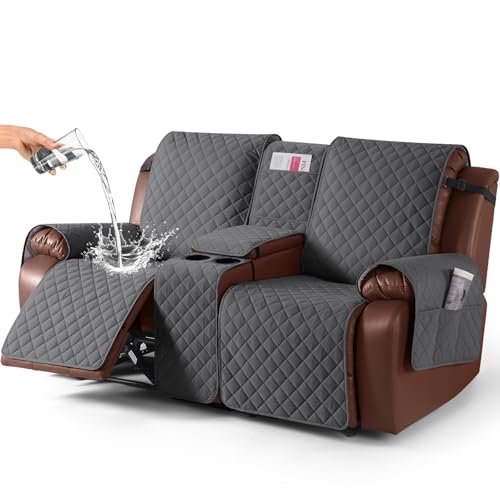 Image of KinCam 100% Waterproof Recliner Loveseat Cover with Console, Non-Slip Reclining Couch Covers for 2 Seat, Recliner Sofa Cover Furniture Protector with Elastic Straps for Kids, Pets, Charcoal Gray