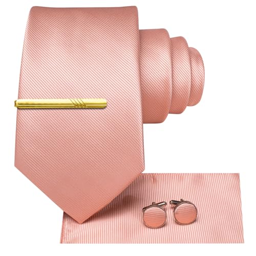 Image of Hi-Tie Pink Solid Ties for Men Silk Necktie Set for Men Wedding Business Tie Pocket Square Cufflinks Tie Clip Gift Set, Medium