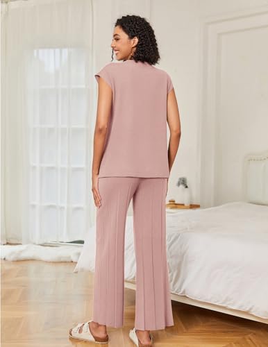 Image of Ekouaer Lounge Sets for Women Two Piece Outfits Knit Cap Sleeve Tops Wide Leg Pleated Pants Casual Dressy Sweater Sets