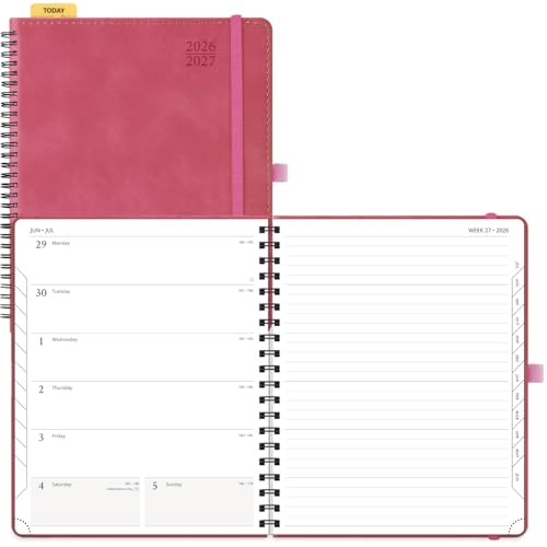 POPRUN Weekly Planner 2026-2027 (July 26-June 27), Large-8.5" x 10.5", Academic Agenda 2026-2027 Calendar Notebook Planner for School, College, Spiral Leather Softcover, 100GSM - Magenta