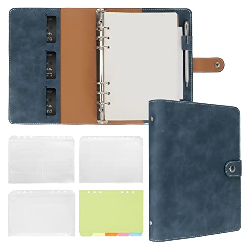 FYY Leather A5 Binder Notebook - Refillable 6 Ring Planner with Pockets, Dividers, Refill Paper - PU Leather Travel Journal Cover Navy Blue